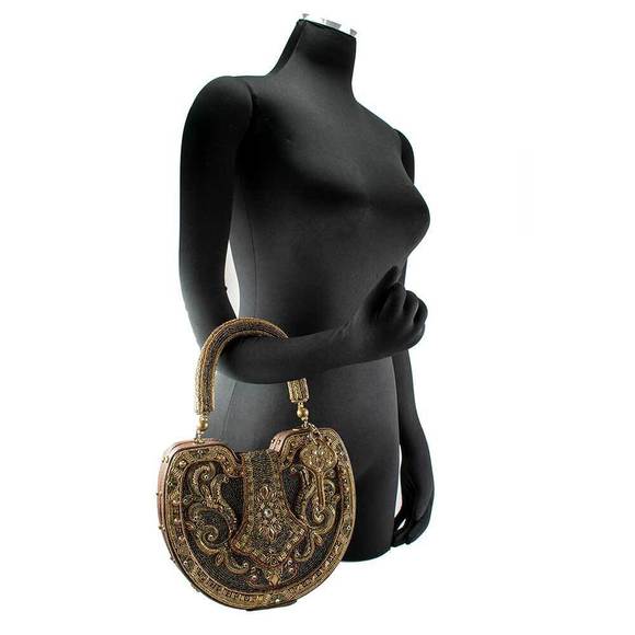 Mary Frances Lock it Up Beaded Handle Bag Leather Handbag Brown Gold Purse NEW - Picture 6 of 7